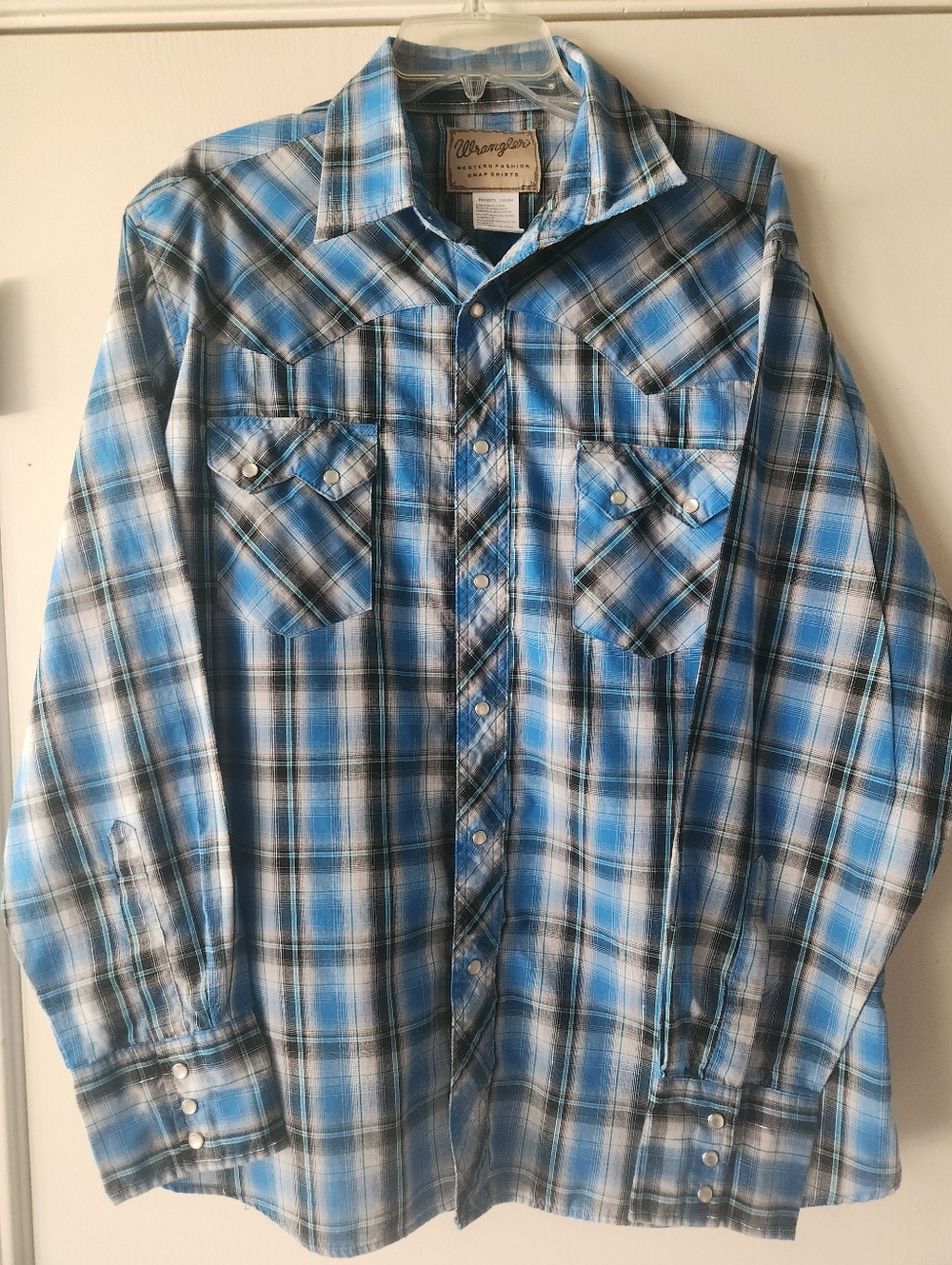 Vintage Wrangler 🤠 Pearl Snap Western Blue White Plaid Lg Sleeve Men XL EUC $36
